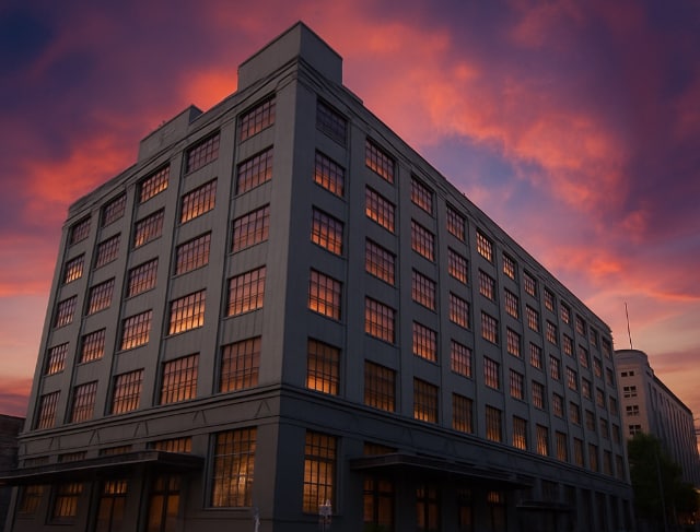 Irving Street Lofts building at sunset